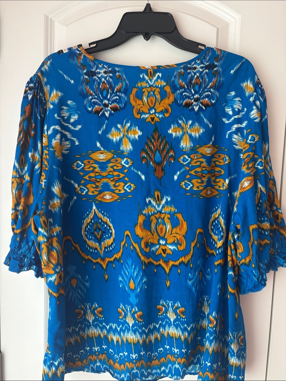 Cato Blue and Mustard Short Sleeve Blouse - Picture 9 of 11